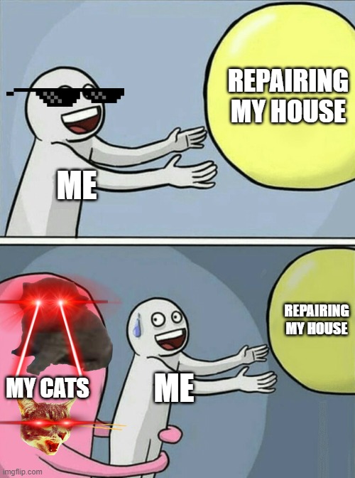 Running Away Balloon | REPAIRING MY HOUSE; ME; REPAIRING MY HOUSE; MY CATS; ME | image tagged in memes,running away balloon | made w/ Imgflip meme maker