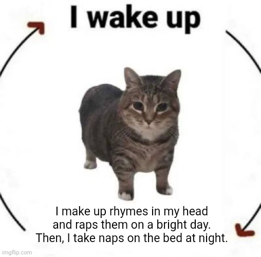 Rhyming | I make up rhymes in my head and raps them on a bright day. Then, I take naps on the bed at night. | image tagged in i wake up cat,rhyming,rhyme,rhymes,memes,meme | made w/ Imgflip meme maker