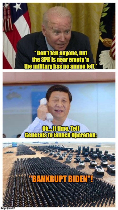 Annnnd... There's goes the 10%! | * Don't tell anyone, but the SPR is near empty 'n the military has no ammo left *; Ok... It time. Tell Generals to launch Operation:; "BANKRUPT BIDEN"! | made w/ Imgflip meme maker