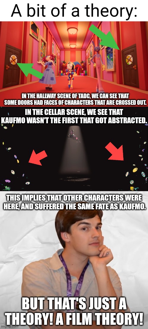 Goddammit, MatPat! Just hire me already! I'll treat you right, I swear! | A bit of a theory:; IN THE HALLWAY SCENE OF TADC, WE CAN SEE THAT SOME DOORS HAD FACES OF CHARACTERS THAT ARE CROSSED OUT. IN THE CELLAR SCENE, WE SEE THAT KAUFMO WASN'T THE FIRST THAT GOT ABSTRACTED. THIS IMPLIES THAT OTHER CHARACTERS WERE  HERE, AND SUFFERED THE SAME FATE AS KAUFMO. BUT THAT'S JUST A THEORY! A FILM THEORY! | image tagged in respectable theory,matpat,glitch | made w/ Imgflip meme maker