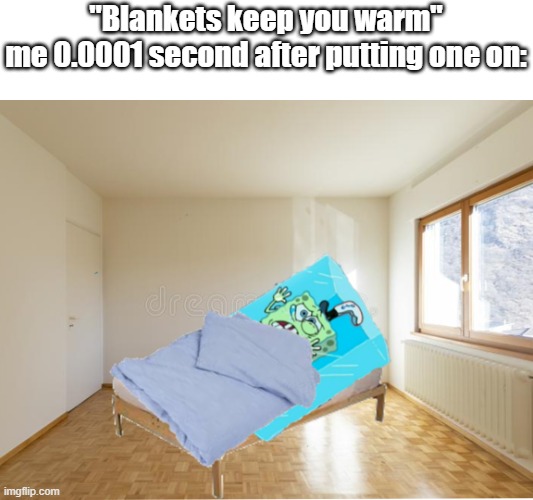 so that was a freaking lie | "Blankets keep you warm"
me 0.0001 second after putting one on: | image tagged in frozen sponge meme | made w/ Imgflip meme maker