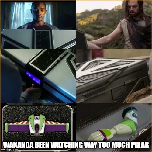 Wakanda Story | WAKANDA BEEN WATCHING WAY TOO MUCH PIXAR | image tagged in falcon,winter soldier | made w/ Imgflip meme maker