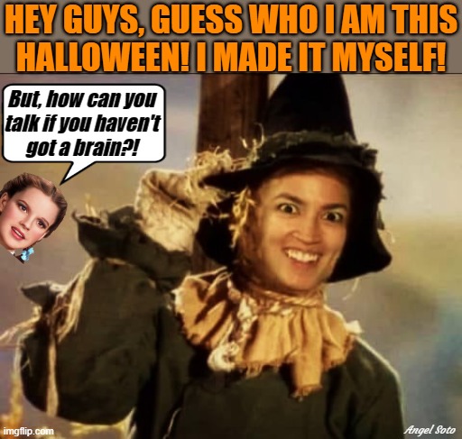 aoc - hey guys guess who i am this halloween | HEY GUYS, GUESS WHO I AM THIS
HALLOWEEN! I MADE IT MYSELF! But, how can you
talk if you haven't
got a brain?! Angel Soto | image tagged in aoc is halloween scarecrow,aoc,halloween costume,scarecrow,brain,wizard of oz scarecrow | made w/ Imgflip meme maker