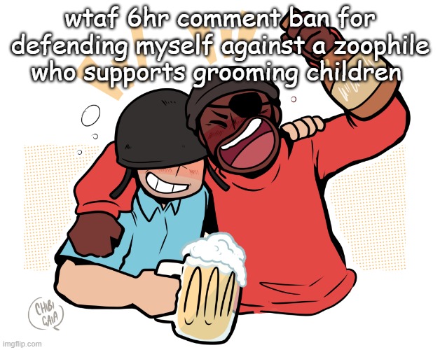 soldier and demo | wtaf 6hr comment ban for defending myself against a zoophile who supports grooming children | image tagged in soldier and demo | made w/ Imgflip meme maker