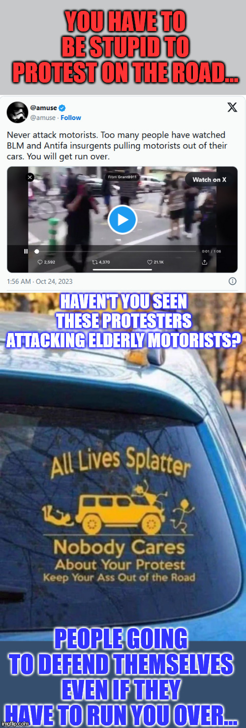 Didn't your parents teach you not to play in the road... | YOU HAVE TO BE STUPID TO PROTEST ON THE ROAD... HAVEN'T YOU SEEN THESE PROTESTERS ATTACKING ELDERLY MOTORISTS? PEOPLE GOING TO DEFEND THEMSELVES EVEN IF THEY HAVE TO RUN YOU OVER... | image tagged in stupid people,lib protestors,stay safe | made w/ Imgflip meme maker