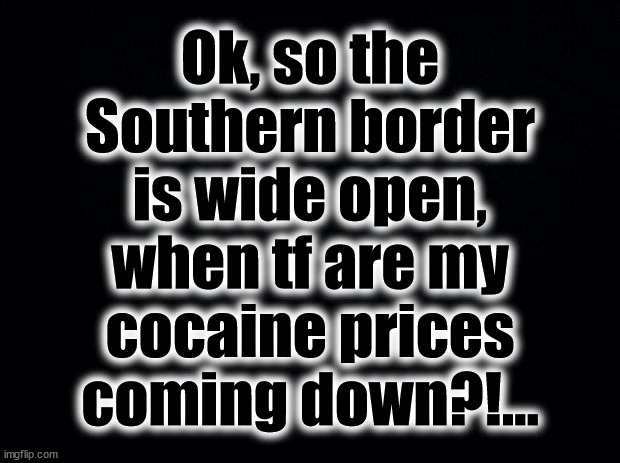 Southern Border | Ok, so the
Southern border
is wide open,
when tf are my
cocaine prices
coming down?!... | image tagged in black background,border,cocaine | made w/ Imgflip meme maker