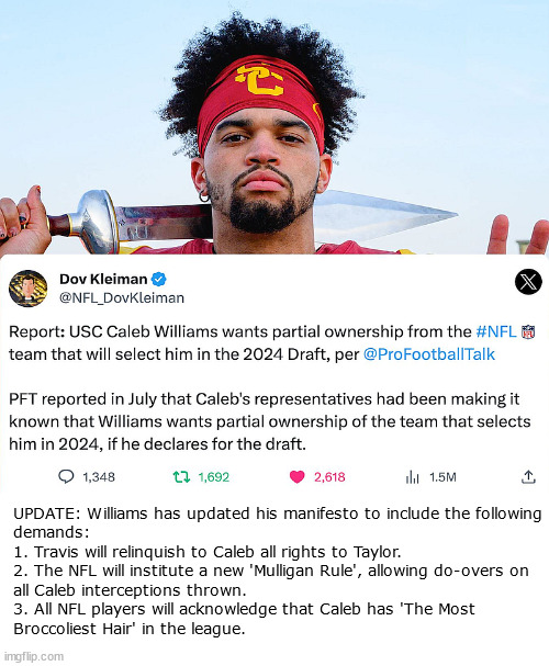 Caleb Williams | UPDATE: Williams has updated his manifesto to include the following
demands:
1. Travis will relinquish to Caleb all rights to Taylor.
2. The NFL will institute a new 'Mulligan Rule', allowing do-overs on
all Caleb interceptions thrown.
3. All NFL players will acknowledge that Caleb has 'The Most
Broccoliest Hair' in the league. | image tagged in caleb,williams,usc,ownership,nfl,quarterback | made w/ Imgflip meme maker