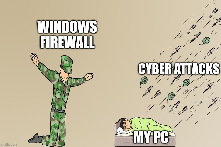 Windows firewall is made of cardboard | WINDOWS FIREWALL; CYBER ATTACKS; MY PC | image tagged in silent protector,windows,virus,computer virus | made w/ Imgflip meme maker