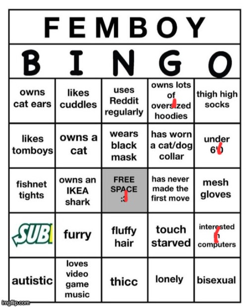 Yay I’m not a femboy | image tagged in femboy bingo | made w/ Imgflip meme maker