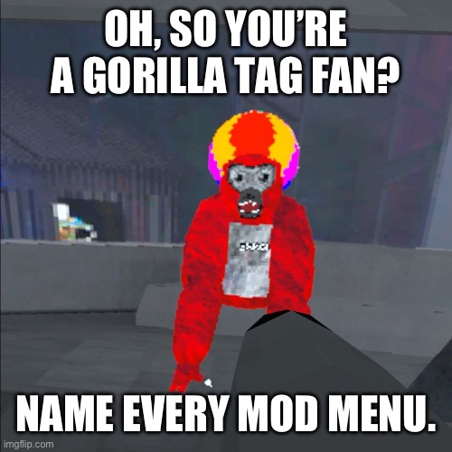 GrilaTeg | OH, SO YOU’RE A GORILLA TAG FAN? NAME EVERY MOD MENU. | image tagged in monke,videogames | made w/ Imgflip meme maker