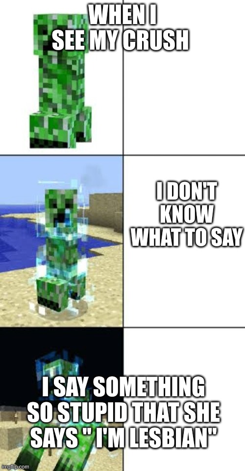 Crush moments | WHEN I SEE MY CRUSH; I DON'T KNOW WHAT TO SAY; I SAY SOMETHING SO STUPID THAT SHE SAYS " I'M LESBIAN" | image tagged in minecraft creeper template | made w/ Imgflip meme maker