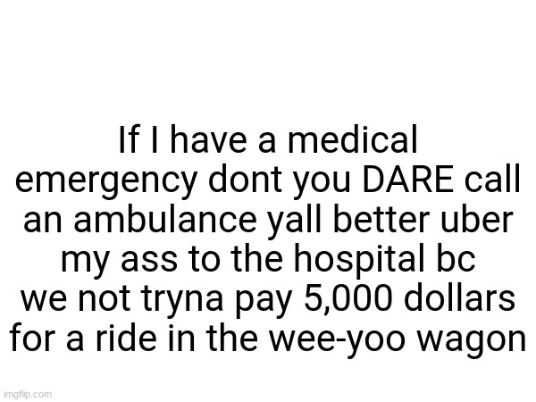 *Coughs in american* | If I have a medical emergency dont you DARE call an ambulance yall better uber my ass to the hospital bc we not tryna pay 5,000 dollars for a ride in the wee-yoo wagon | image tagged in healthcare,money,american,ambulance,funny,facts | made w/ Imgflip meme maker