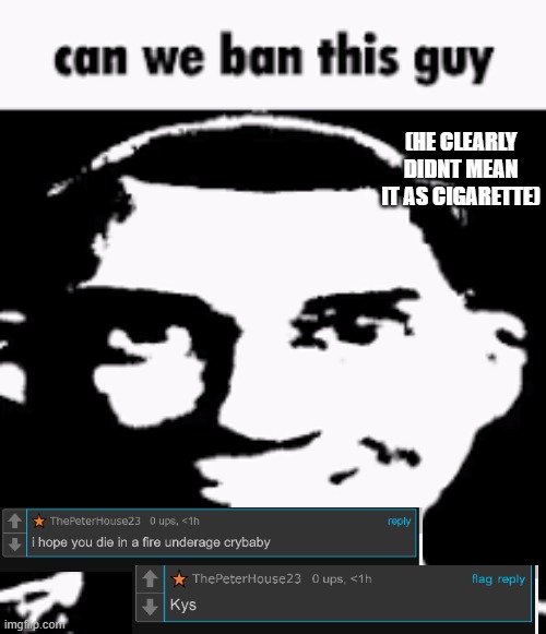 Can we ban this guy | (HE CLEARLY DIDNT MEAN IT AS CIGARETTE) | image tagged in can we ban this guy | made w/ Imgflip meme maker