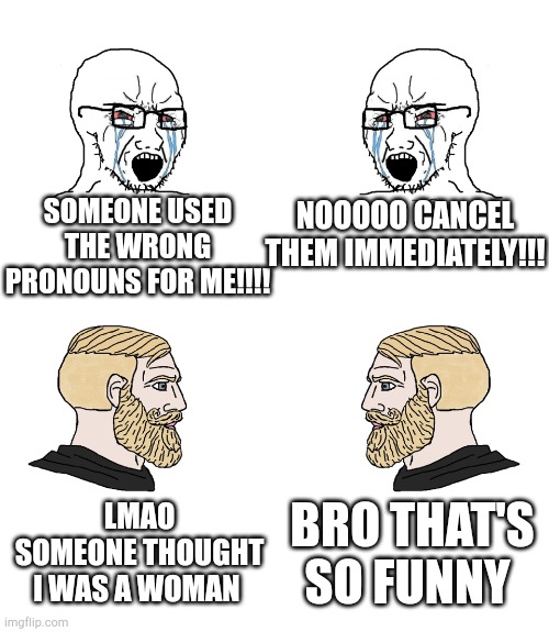 Just man up already!!! | NOOOOO CANCEL THEM IMMEDIATELY!!! SOMEONE USED THE WRONG PRONOUNS FOR ME!!!! LMAO SOMEONE THOUGHT I WAS A WOMAN; BRO THAT'S SO FUNNY | image tagged in soy wojaks vs chads,lgbtq,pronouns | made w/ Imgflip meme maker