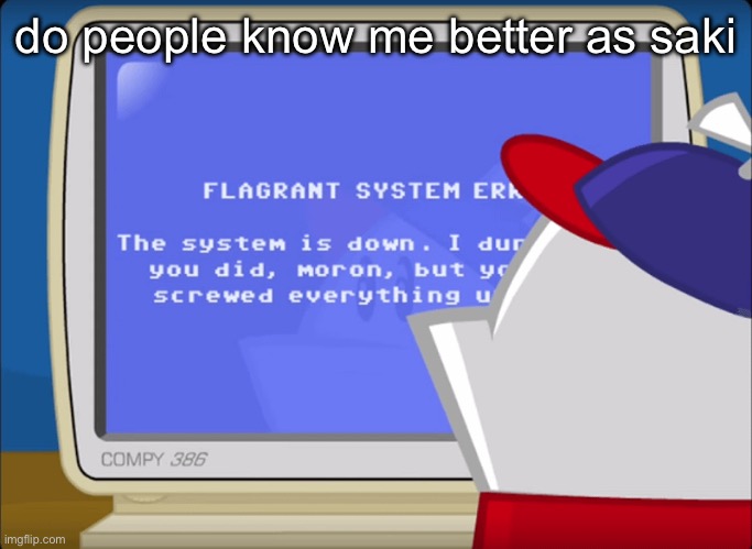 Flagrant System Error | do people know me better as saki | image tagged in flagrant system error | made w/ Imgflip meme maker