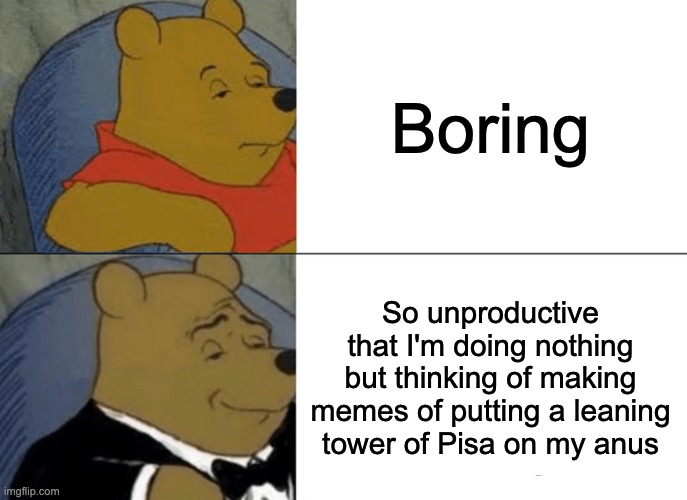 It's my life literally | Boring; So unproductive that I'm doing nothing but thinking of making memes of putting a leaning tower of Pisa on my anus | image tagged in memes,tuxedo winnie the pooh,boring,school | made w/ Imgflip meme maker
