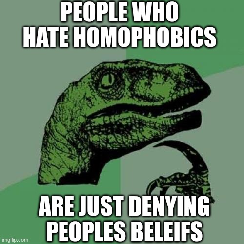 Why can everyone else have beliefs but i can't? | PEOPLE WHO HATE HOMOPHOBICS; ARE JUST DENYING PEOPLES BELEIFS | image tagged in memes,philosoraptor,homophobicphobic,christianity,unfair,but why tho | made w/ Imgflip meme maker