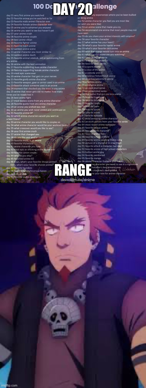 DAY 20; RANGE | image tagged in 100 day anime challenge | made w/ Imgflip meme maker