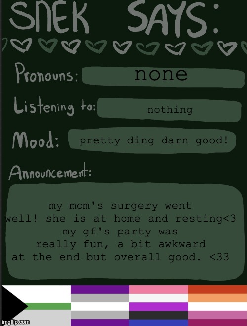 :p | none; nothing; pretty ding darn good! my mom's surgery went well! she is at home and resting<3
my gf's party was really fun, a bit awkward at the end but overall good. <33 | image tagged in sneks announcement temp | made w/ Imgflip meme maker