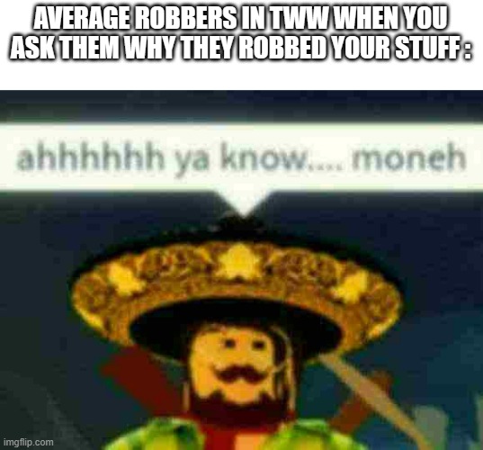 tww momentos | AVERAGE ROBBERS IN TWW WHEN YOU ASK THEM WHY THEY ROBBED YOUR STUFF : | image tagged in money,tww,roblox,funny | made w/ Imgflip meme maker