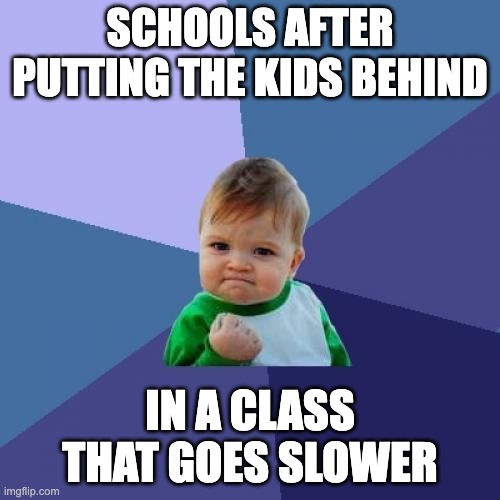 Success Kid | SCHOOLS AFTER PUTTING THE KIDS BEHIND; IN A CLASS THAT GOES SLOWER | image tagged in memes,success kid | made w/ Imgflip meme maker