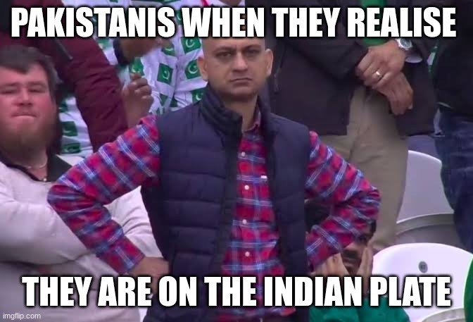 Both sides: *angry cricket noises* | PAKISTANIS WHEN THEY REALISE; THEY ARE ON THE INDIAN PLATE | image tagged in disappointed man,angry pakistani fan,tectonic plates | made w/ Imgflip meme maker