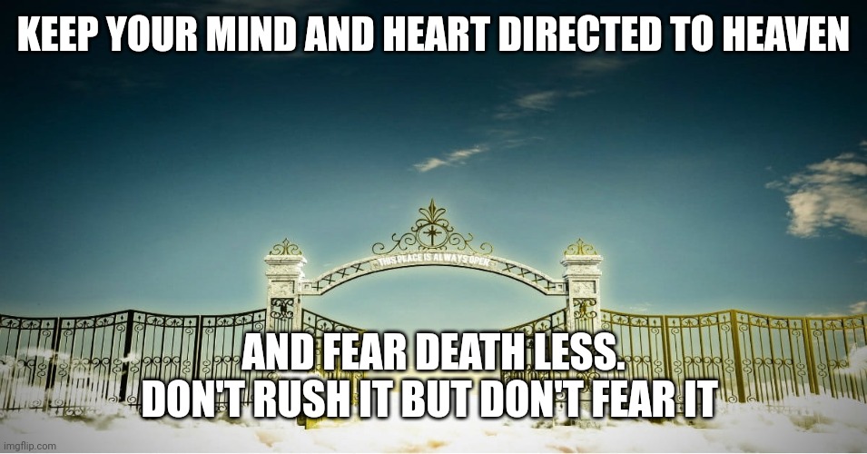 Heaven's gates | KEEP YOUR MIND AND HEART DIRECTED TO HEAVEN; AND FEAR DEATH LESS. DON'T RUSH IT BUT DON'T FEAR IT | image tagged in heaven's gates | made w/ Imgflip meme maker