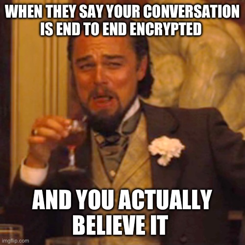 Funny. Politics. Truth. Laughs. | WHEN THEY SAY YOUR CONVERSATION IS END TO END ENCRYPTED; AND YOU ACTUALLY BELIEVE IT | image tagged in memes,laughing leo | made w/ Imgflip meme maker
