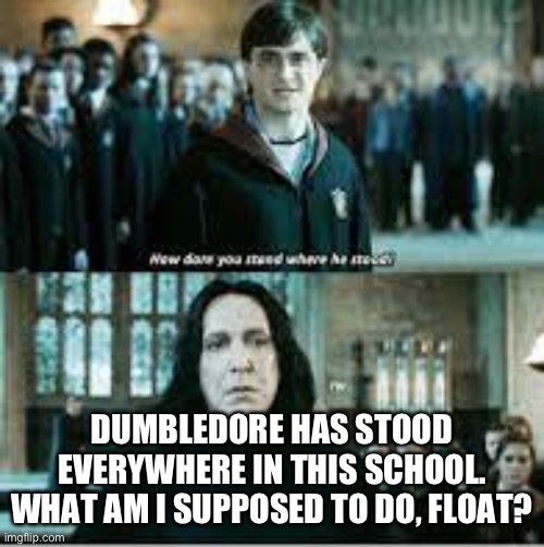 How dare you stand where he stood | DUMBLEDORE HAS STOOD EVERYWHERE IN THIS SCHOOL. WHAT AM I SUPPOSED TO DO, FLOAT? | image tagged in how dare you stand where he stood | made w/ Imgflip meme maker