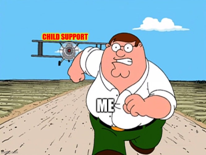 Peter Griffin running away | CHILD SUPPORT; ME | image tagged in peter griffin running away | made w/ Imgflip meme maker