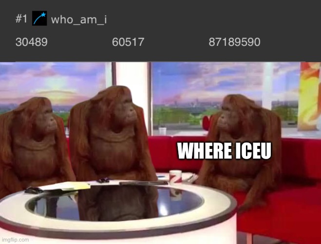 WHERE ICEU | image tagged in where monkey | made w/ Imgflip meme maker