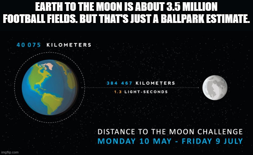 meme by Brad distance from earth to moon | EARTH TO THE MOON IS ABOUT 3.5 MILLION FOOTBALL FIELDS. BUT THAT'S JUST A BALLPARK ESTIMATE. | image tagged in science | made w/ Imgflip meme maker