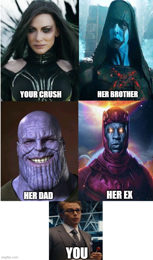 Her Crush | YOUR CRUSH; HER BROTHER; HER EX; HER DAD; YOU | image tagged in funny | made w/ Imgflip meme maker