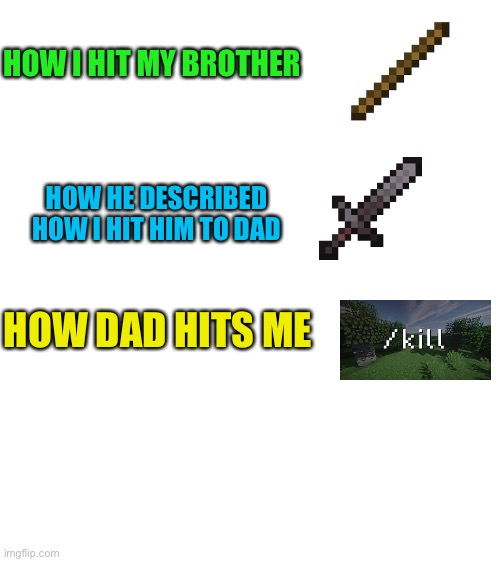 Just Don't hit your siblings | HOW I HIT MY BROTHER; HOW HE DESCRIBED HOW I HIT HIM TO DAD; HOW DAD HITS ME | image tagged in memes,funny,true,siblings,dad,minecraft | made w/ Imgflip meme maker
