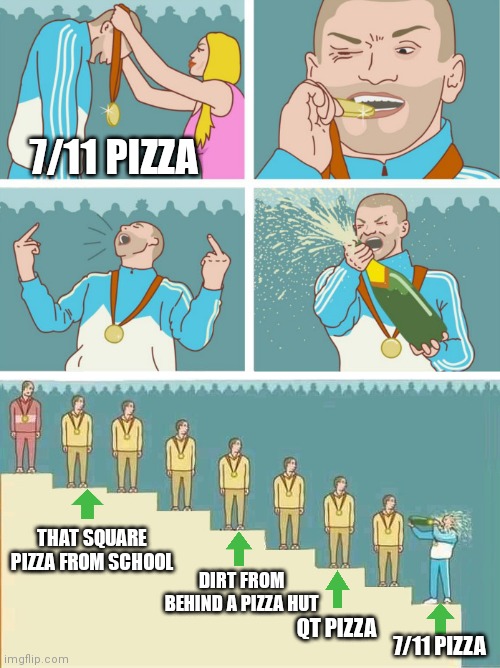 "Pizza" | 7/11 PIZZA; THAT SQUARE PIZZA FROM SCHOOL; DIRT FROM BEHIND A PIZZA HUT; QT PIZZA; 7/11 PIZZA | image tagged in 9th place guy celebrating | made w/ Imgflip meme maker