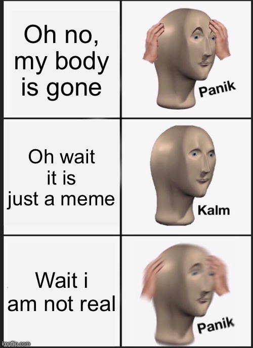 Another meme | Oh no, my body is gone; Oh wait it is just a meme; Wait i am not real | image tagged in memes,panik kalm panik | made w/ Imgflip meme maker