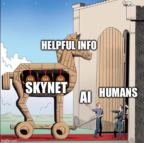 Trojan Horse | HELPFUL INFO; SKYNET; HUMANS; AI | image tagged in trojan horse | made w/ Imgflip meme maker