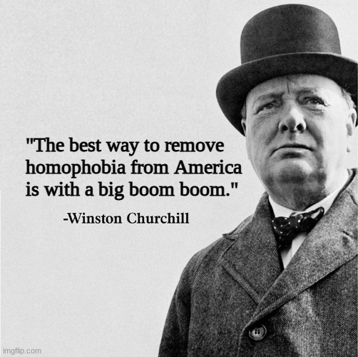 oops | "The best way to remove homophobia from America is with a big boom boom." | image tagged in winston churchill quote template | made w/ Imgflip meme maker