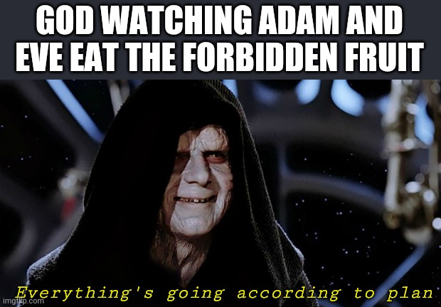 Star Wars Emperor | GOD WATCHING ADAM AND EVE EAT THE FORBIDDEN FRUIT; Everything's going according to plan | image tagged in star wars emperor | made w/ Imgflip meme maker