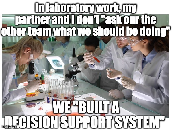 In laboratory work, my partner and I don't "ask our the other team what we should be doing"; WE "BUILT A DECISION SUPPORT SYSTEM" | made w/ Imgflip meme maker