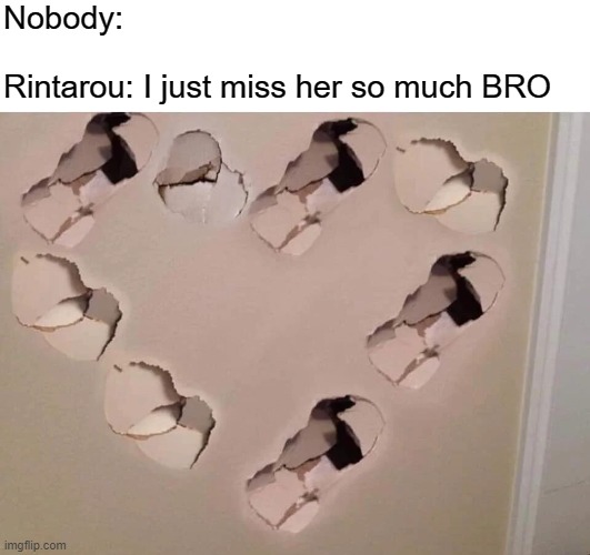 Merlin's reincarnation may be a tough guy but he's a softie especially towards his childhood friend and king | Nobody:; Rintarou: I just miss her so much BRO | image tagged in wall punches shaped into a heart,memes,manga,light novel | made w/ Imgflip meme maker