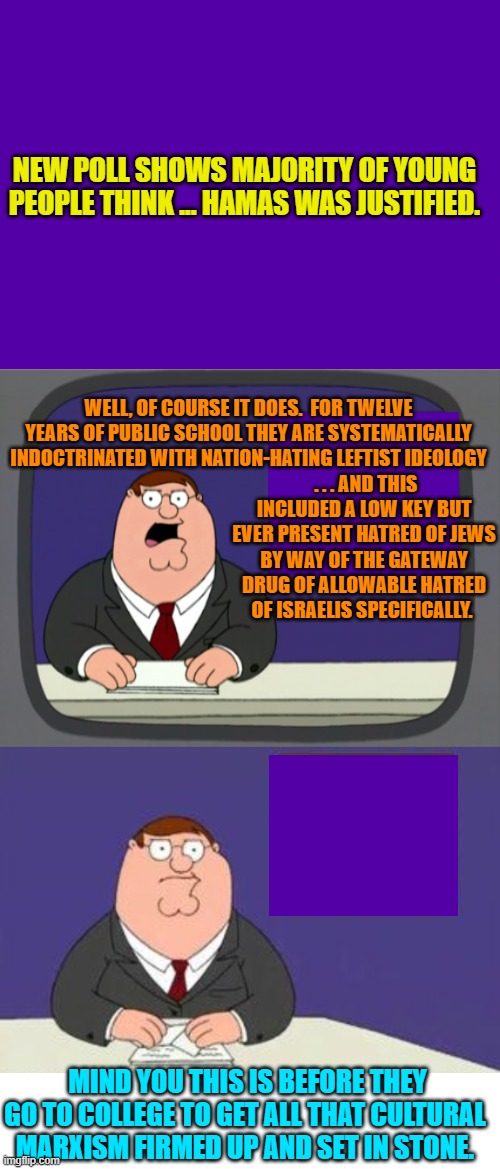 There is a firm process to progressive leftist madness.  It is not by chance. | NEW POLL SHOWS MAJORITY OF YOUNG PEOPLE THINK ... HAMAS WAS JUSTIFIED. WELL, OF COURSE IT DOES.  FOR TWELVE YEARS OF PUBLIC SCHOOL THEY ARE SYSTEMATICALLY INDOCTRINATED WITH NATION-HATING LEFTIST IDEOLOGY; . . . AND THIS INCLUDED A LOW KEY BUT EVER PRESENT HATRED OF JEWS BY WAY OF THE GATEWAY DRUG OF ALLOWABLE HATRED OF ISRAELIS SPECIFICALLY. MIND YOU THIS IS BEFORE THEY GO TO COLLEGE TO GET ALL THAT CULTURAL MARXISM FIRMED UP AND SET IN STONE. | image tagged in truth | made w/ Imgflip meme maker