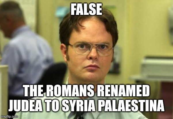 Dwight Schrute Meme | FALSE THE ROMANS RENAMED JUDEA TO SYRIA PALAESTINA | image tagged in memes,dwight schrute | made w/ Imgflip meme maker