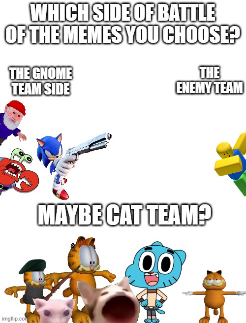 Which side do you in battle of the memes? | WHICH SIDE OF BATTLE OF THE MEMES YOU CHOOSE? THE ENEMY TEAM; THE GNOME TEAM SIDE; MAYBE CAT TEAM? | image tagged in memes,funny memes | made w/ Imgflip meme maker