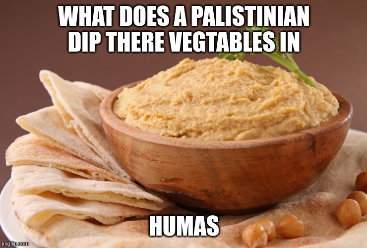 My Isreal Palistine joke | WHAT DOES A PALISTINIAN DIP THERE VEGTABLES IN; HUMAS | image tagged in hummus,dark humor | made w/ Imgflip meme maker