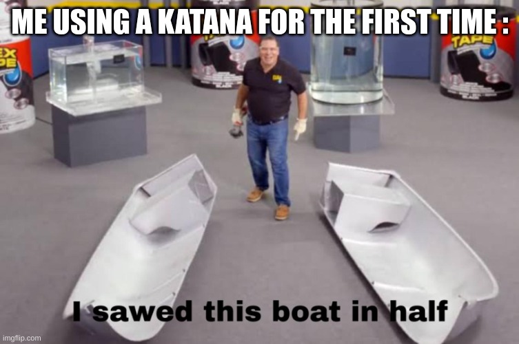 AAAHAHAAHAHAHAHEHEHE | ME USING A KATANA FOR THE FIRST TIME : | image tagged in i sawed this boat in half | made w/ Imgflip meme maker