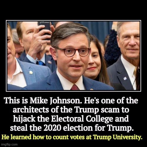 Trump is placing an obedient tool where he can help Trump steal 2024. | This is Mike Johnson. He's one of the 
architects of the Trump scam to 
hijack the Electoral College and 
steal the 2020 election for Trump. | image tagged in funny,demotivationals,trump,election fraud,election 2024,mike johnson | made w/ Imgflip demotivational maker