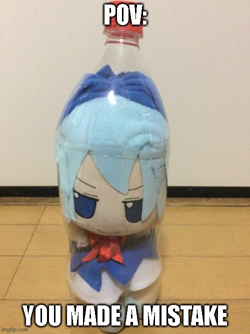 - | POV:; YOU MADE A MISTAKE | image tagged in cirno fumo in bottle,memes,touhou | made w/ Imgflip meme maker