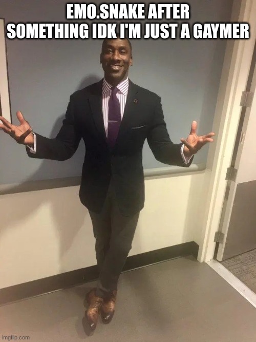 shannon sharpe | EMO.SNAKE AFTER SOMETHING IDK I'M JUST A GAYMER | image tagged in shannon sharpe | made w/ Imgflip meme maker