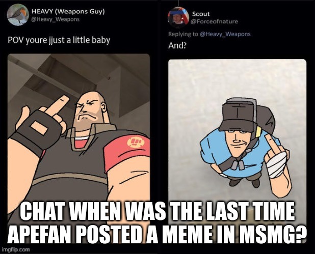 CHAT WHEN WAS THE LAST TIME APEFAN POSTED A MEME IN MSMG? | made w/ Imgflip meme maker